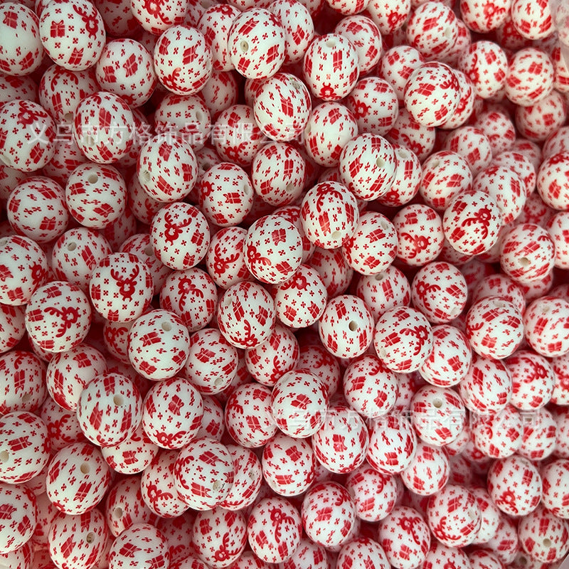 Wholesale 50pcs DIY Christmas Snowman Christmas Tree Printing 15mm Silicone Beads